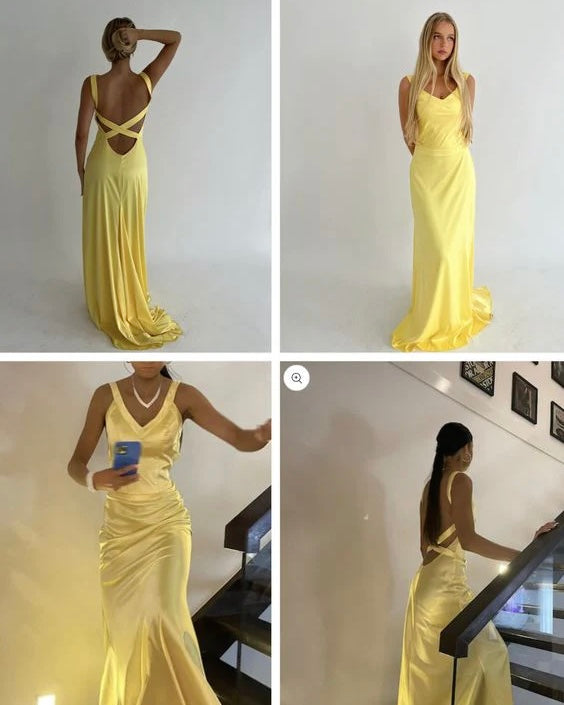 Robe de bal longue jaune à col en V et coupe trapèze J3377