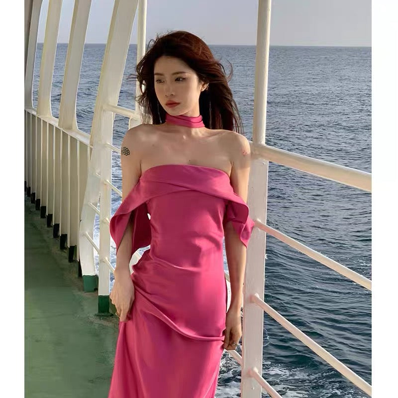 Robe de bal longue fourreau rose à épaules dénudées, robe de soirée formelle J3384