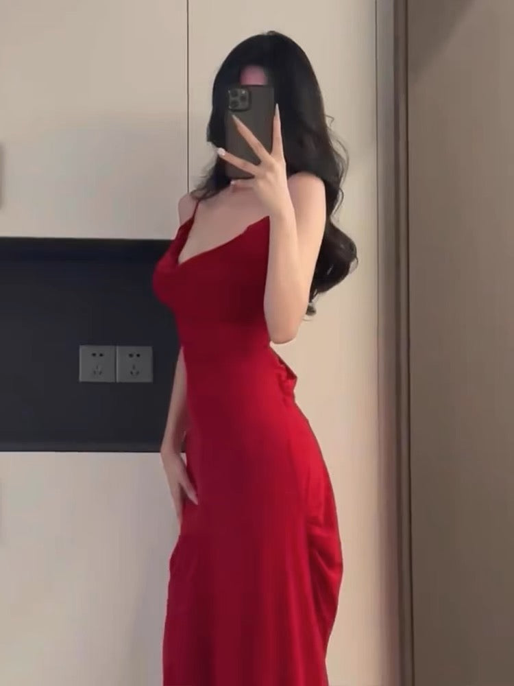 Robe fourreau rouge longue à bretelles spaghetti pour bal de promo, fête d'anniversaire, J3389