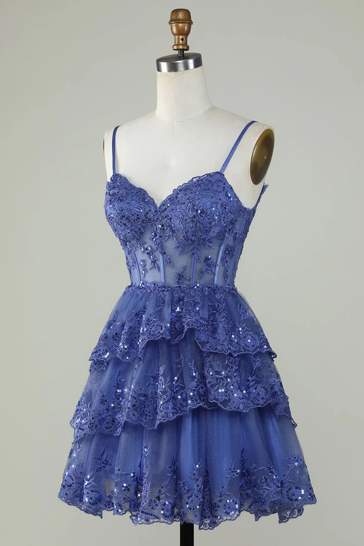 Robe de soirée trapèze à bretelles spaghetti et dentelle bleu marine J3411