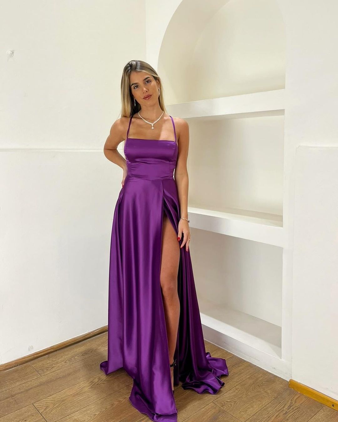 A Line Purple Satin Long Prom Dress With Slit J3423