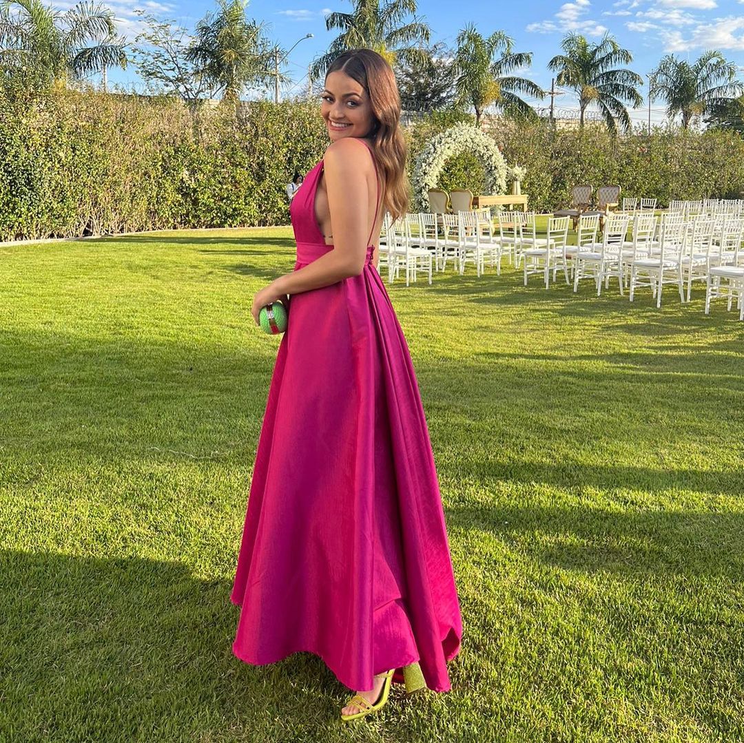 A Line Rose Red Satin V Neck Long Prom Dress J3424