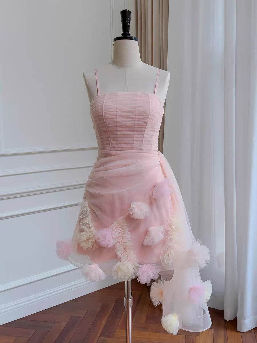 Robe de soirée courte en tulle rose à bretelles spaghetti, coupe trapèze, robe de soirée J3442