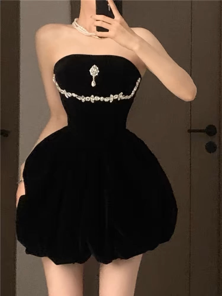 Robe de bal courte en velours noir sans bretelles, coupe trapèze, robe de soirée J3449