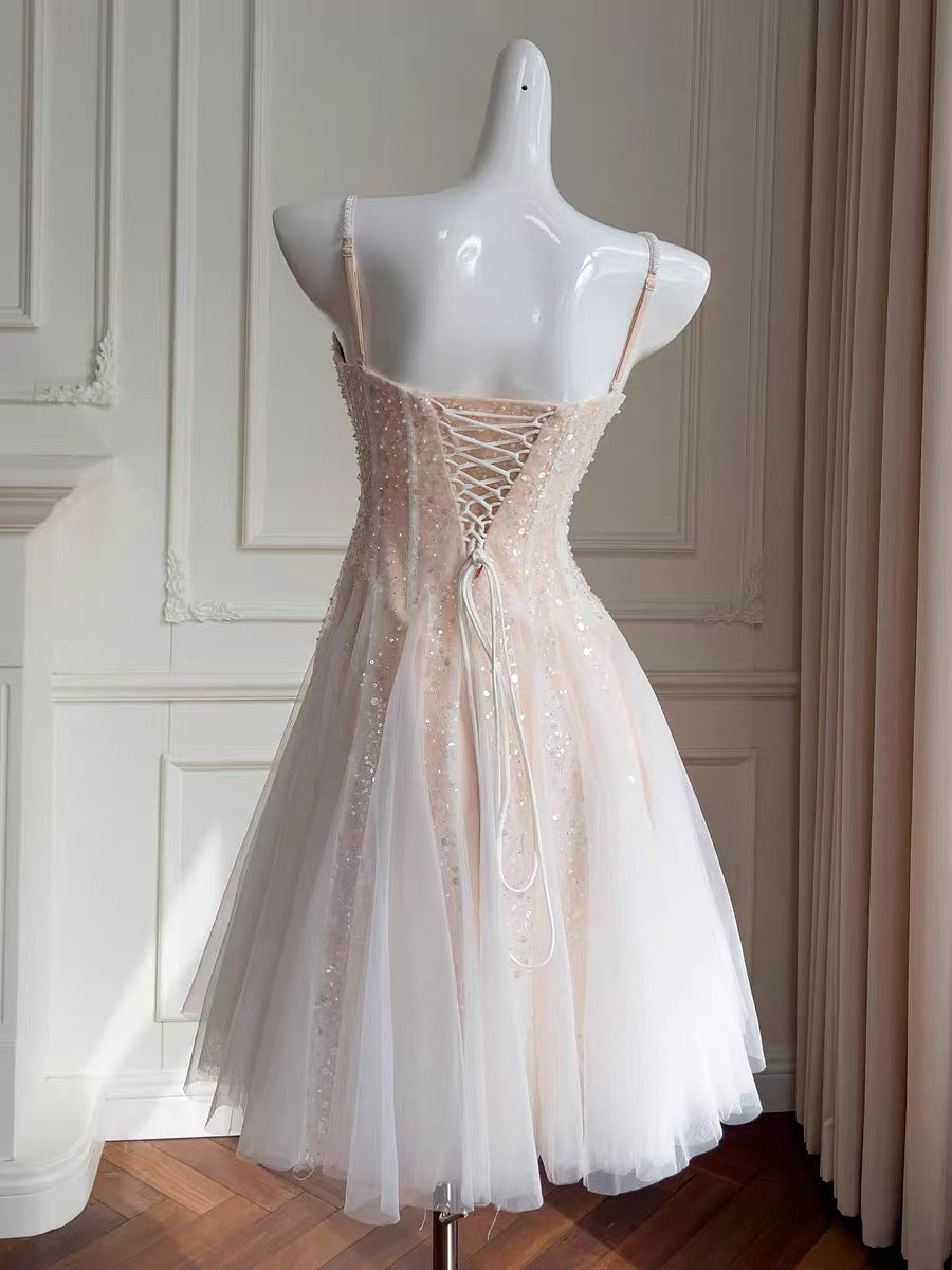 Robe de bal courte en tulle et perles à bretelles spaghetti, coupe trapèze, robe de soirée J3450