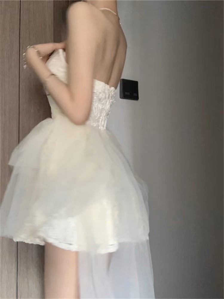 Robe de bal courte en tulle à col en cœur, coupe trapèze, robe de soirée J3451