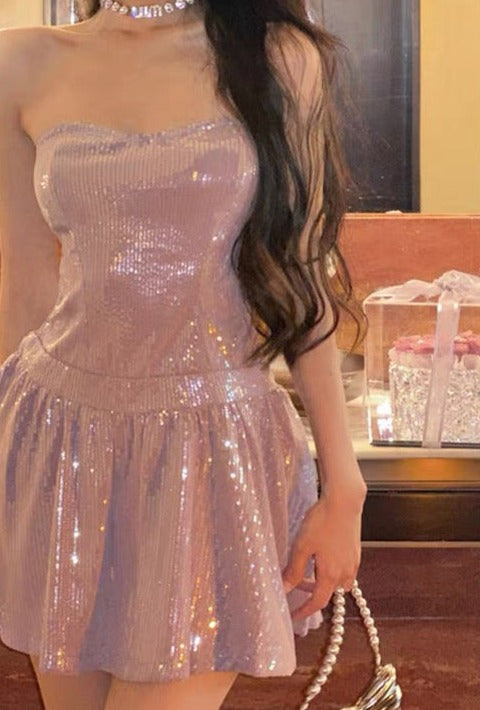 Robe de bal courte sans bretelles à paillettes J3455