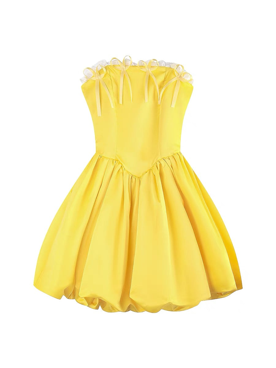 Robe de bal courte jaune sans bretelles, coupe trapèze, robe de soirée J3458