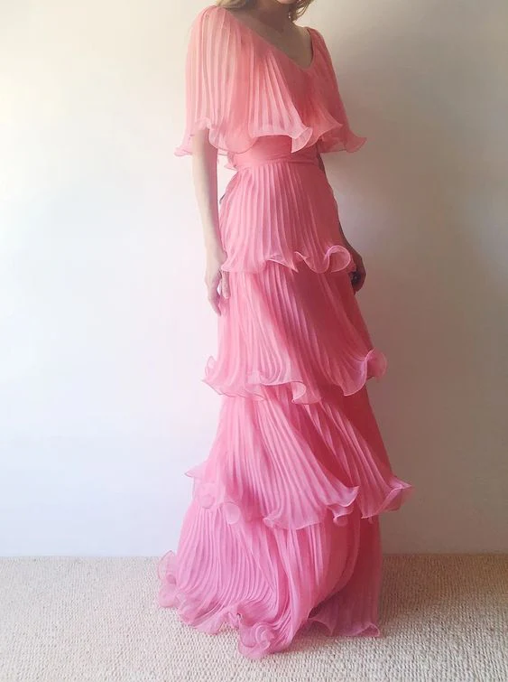 Robe de bal longue plissée rose coupe trapèze, robe de soirée formelle J3504