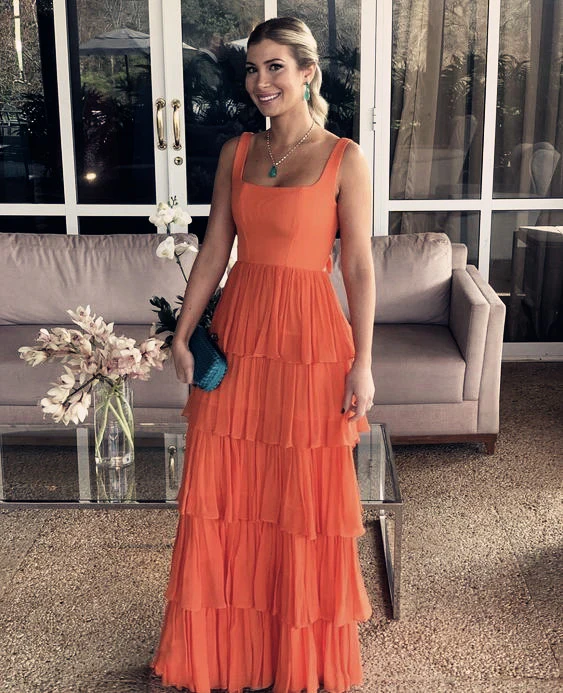 Robe de bal longue orange élégante coupe trapèze, robe de soirée formelle J3507