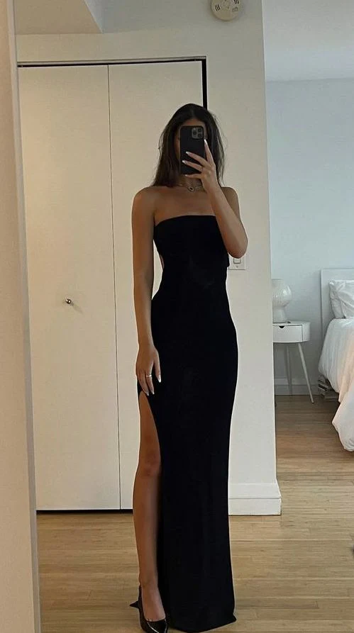 Trägerloses schwarzes Etuikleid aus Samt, lang, elegantes Abendkleid, Partykleid J3516