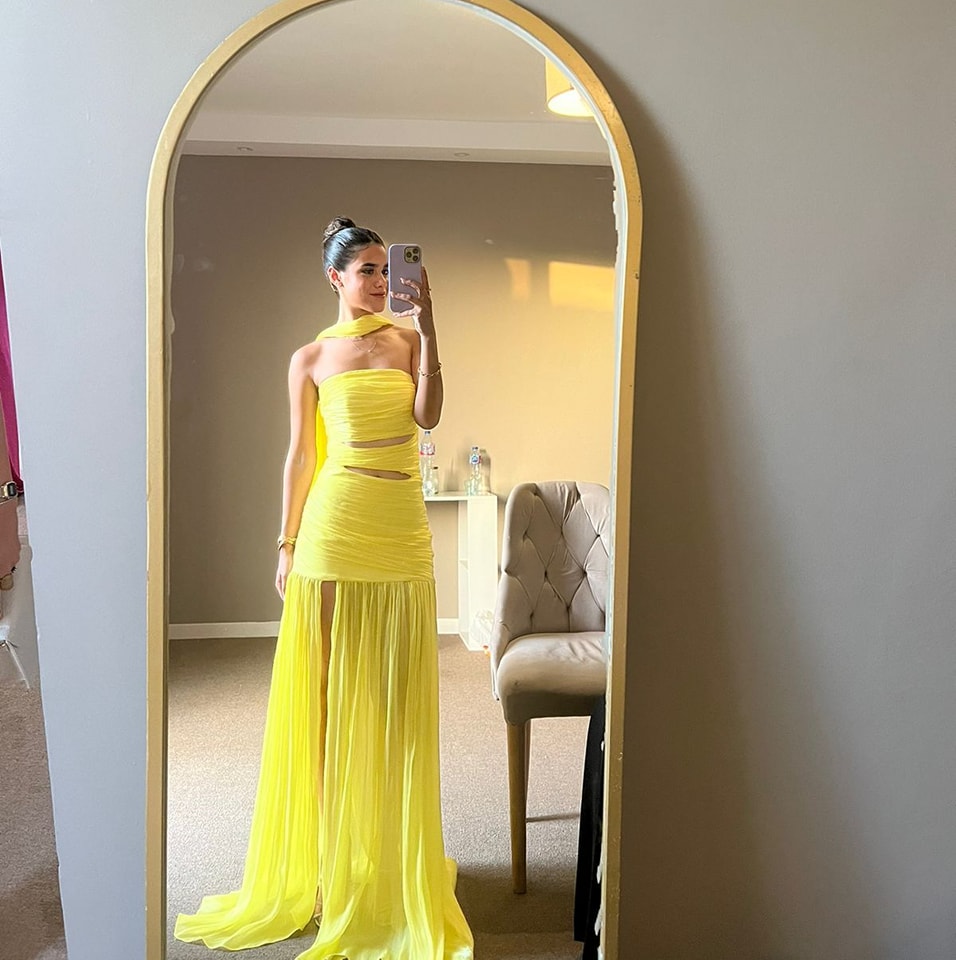 Robe de bal longue bustier jaune coupe trapèze, tenue de soirée formelle J3524