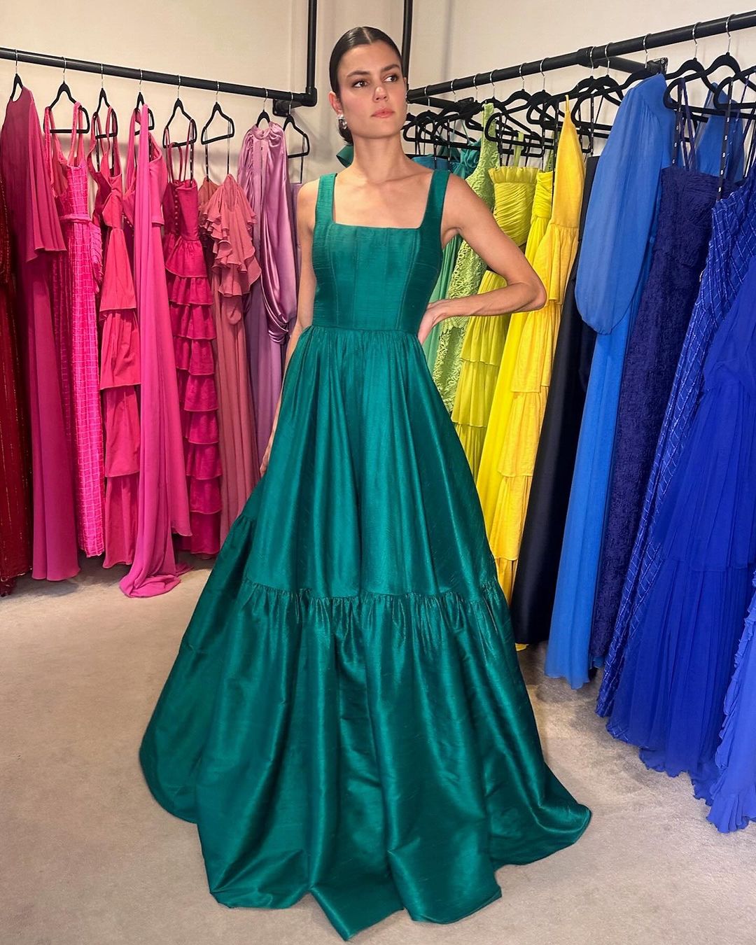 Robe de bal longue et élégante, coupe trapèze, verte, tenue de soirée formelle, J3537