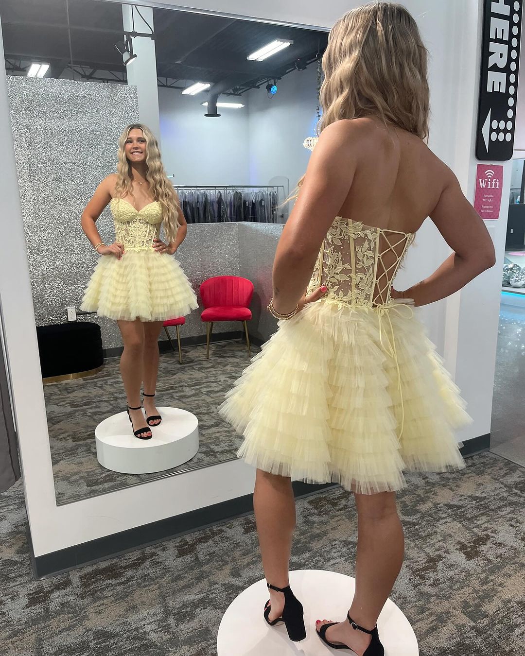 Robe de soirée jaune coupe trapèze, robe de soirée d'anniversaire superposée, J3550