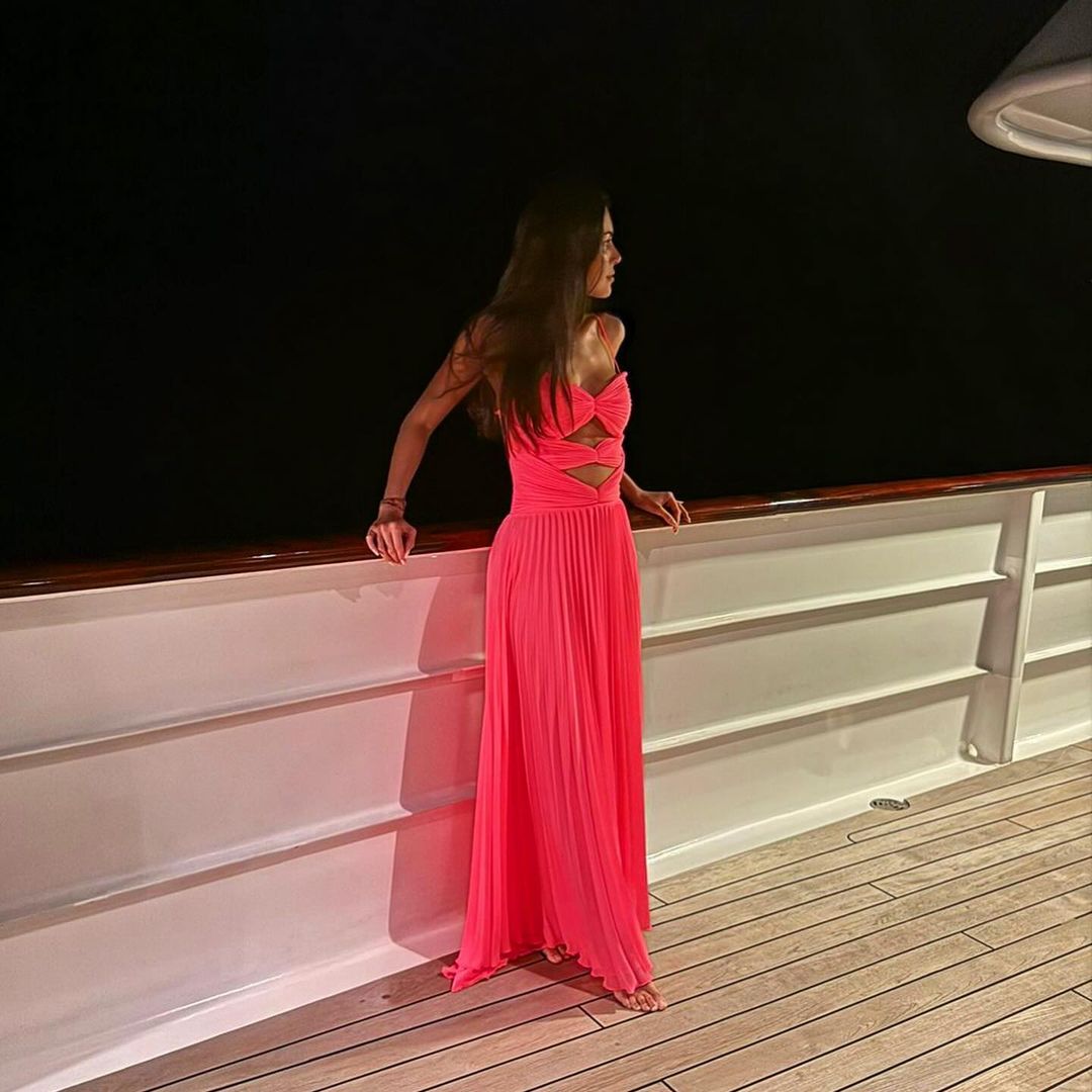 Spaghettiträger Rosa Langes Ballkleid Plissee Formales Partykleid J3587