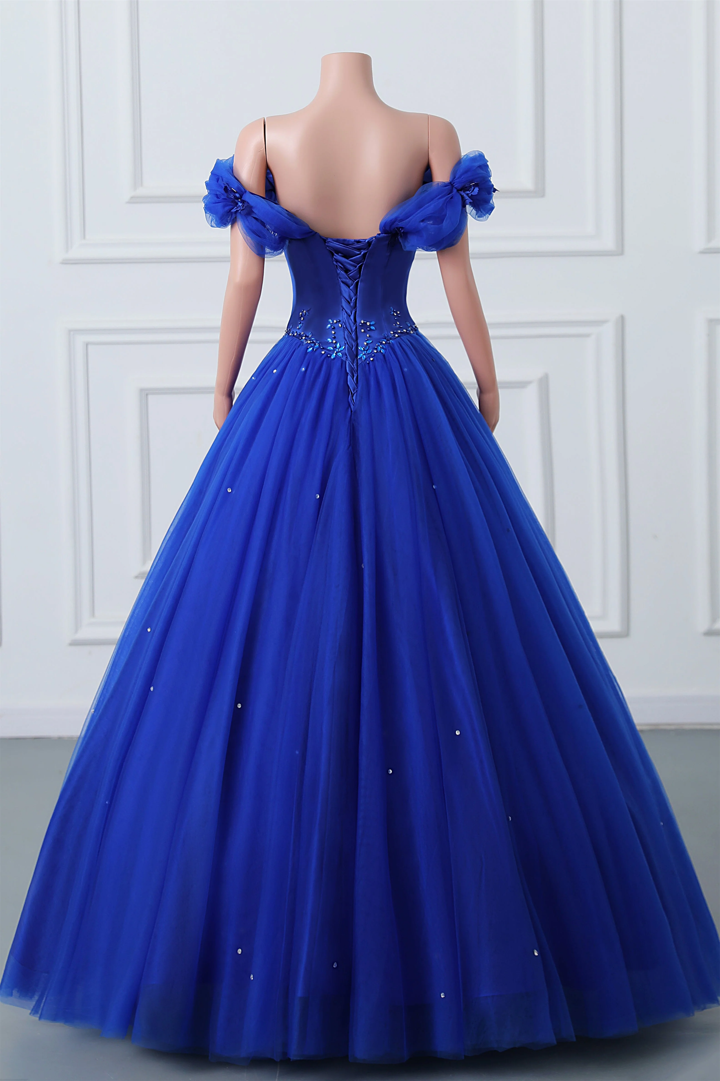 Robe de bal trapèze à épaules dénudées, bleu roi, longue, pour anniversaire, J3602
