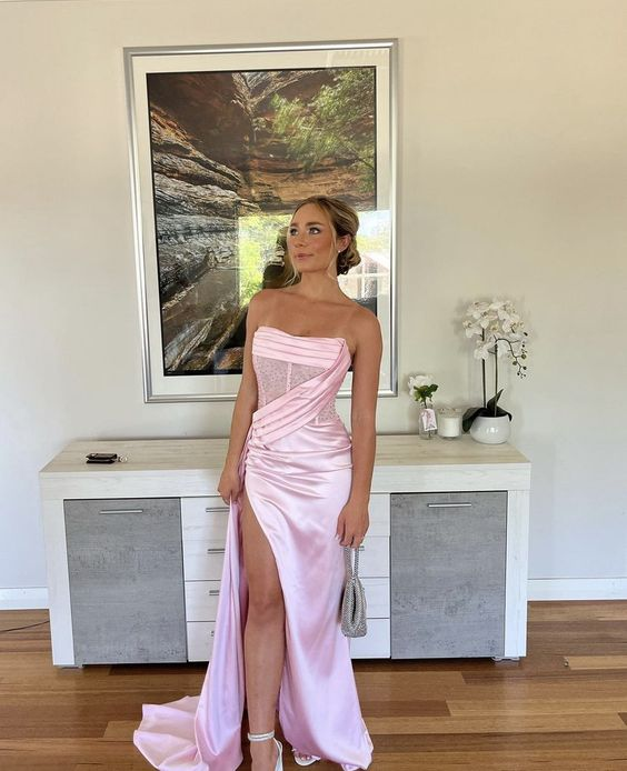 Robe de bal sirène rose longue fendue, tenue d'anniversaire J3622