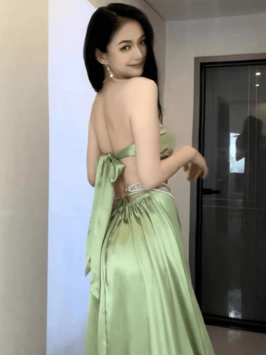 Strapless A Line Green Satin Long Prom Dress Birthday Outfit J3636