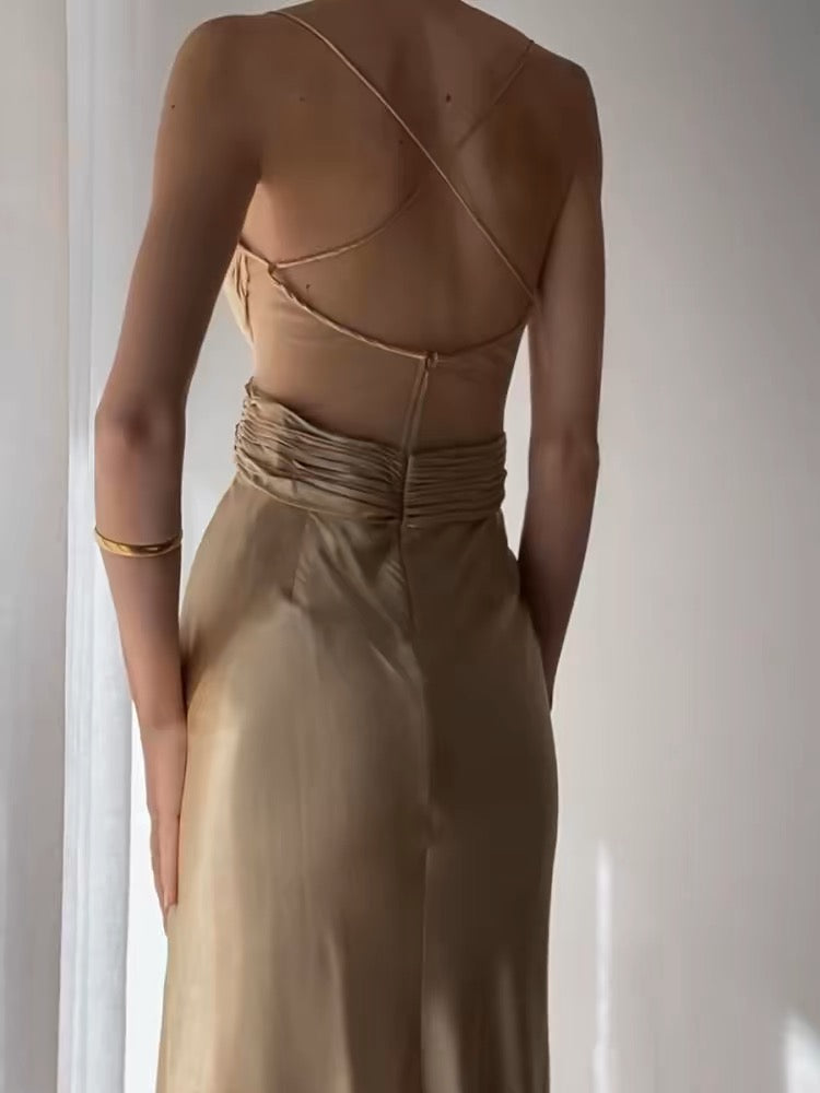 Robe de bal longue en satin à bretelles spaghetti et coupe trapèze, tenue d'anniversaire J3637