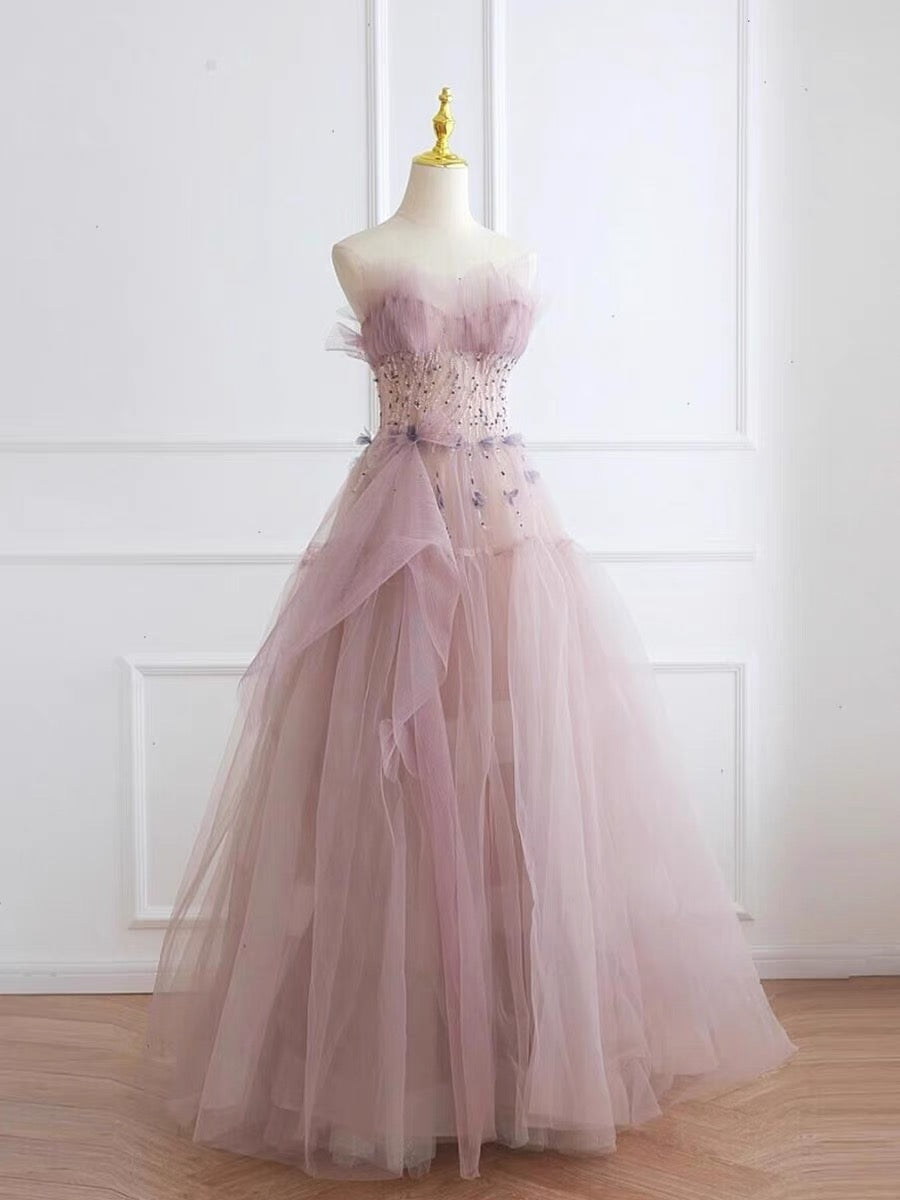 Robe de bal longue bustier en tulle rose, coupe trapèze, robe d'anniversaire J3627