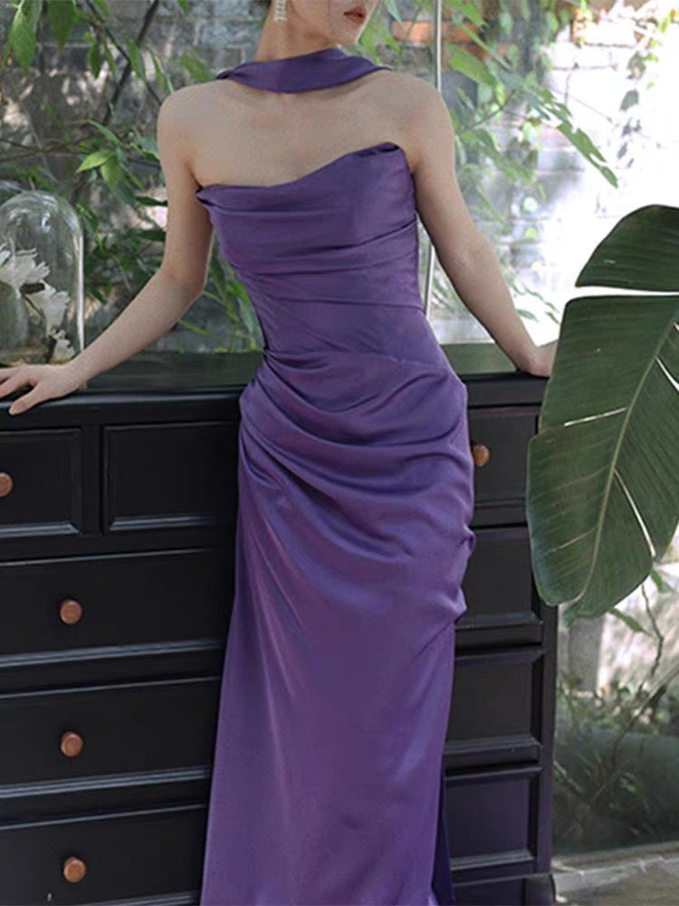 Strapless Sheath Purple Long Prom Dress Evening Party Gown J3632