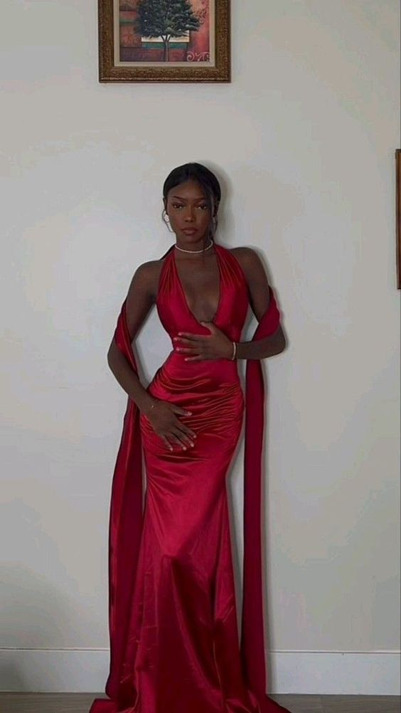 Robe de bal sirène rouge à col en V, tenue d'anniversaire J3650
