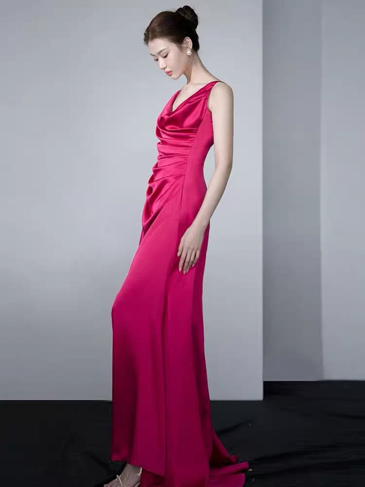 Robe de soirée longue rose coupe trapèze J3653