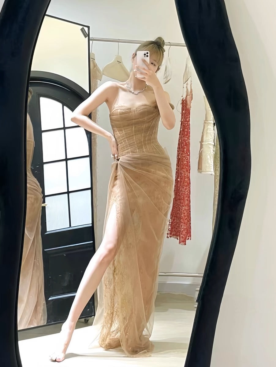 Robe de soirée longue fourreau en tulle kaki à col en cœur J3657