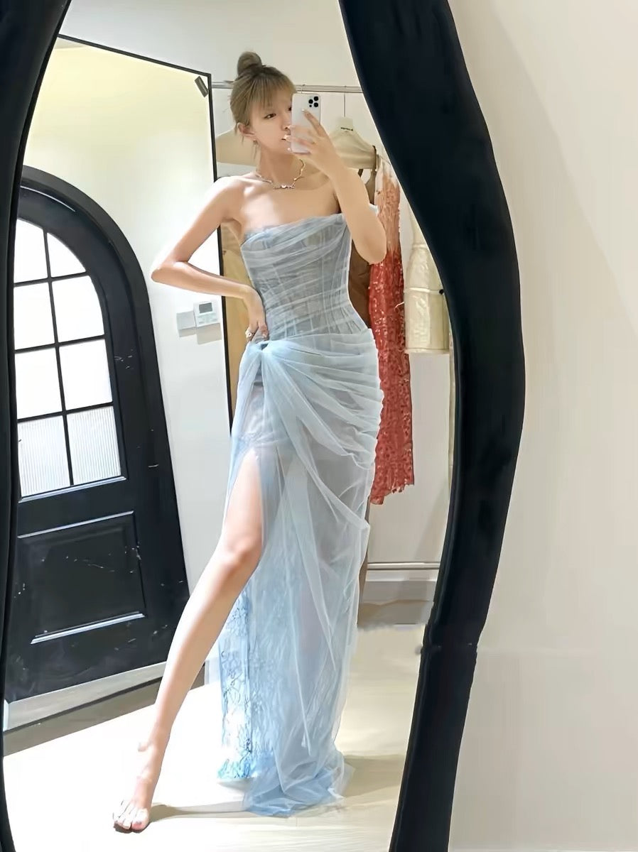 Robe de soirée longue fourreau en tulle bleu chérie J3660