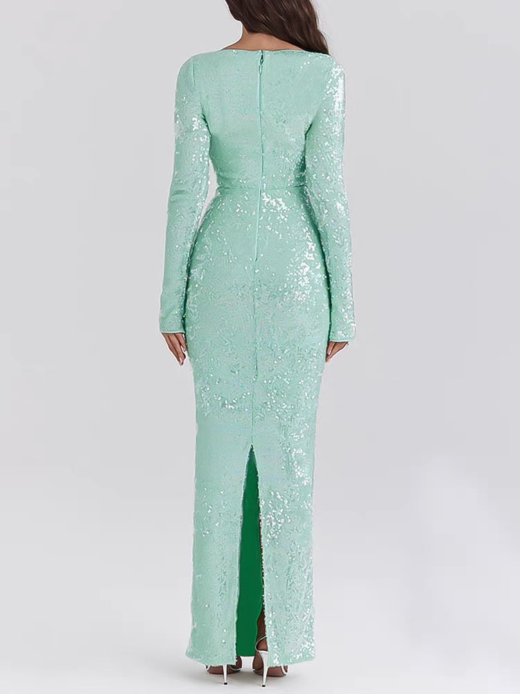 Robe de bal longue à paillettes vert menthe et à volants, tenue de soirée formelle J3661
