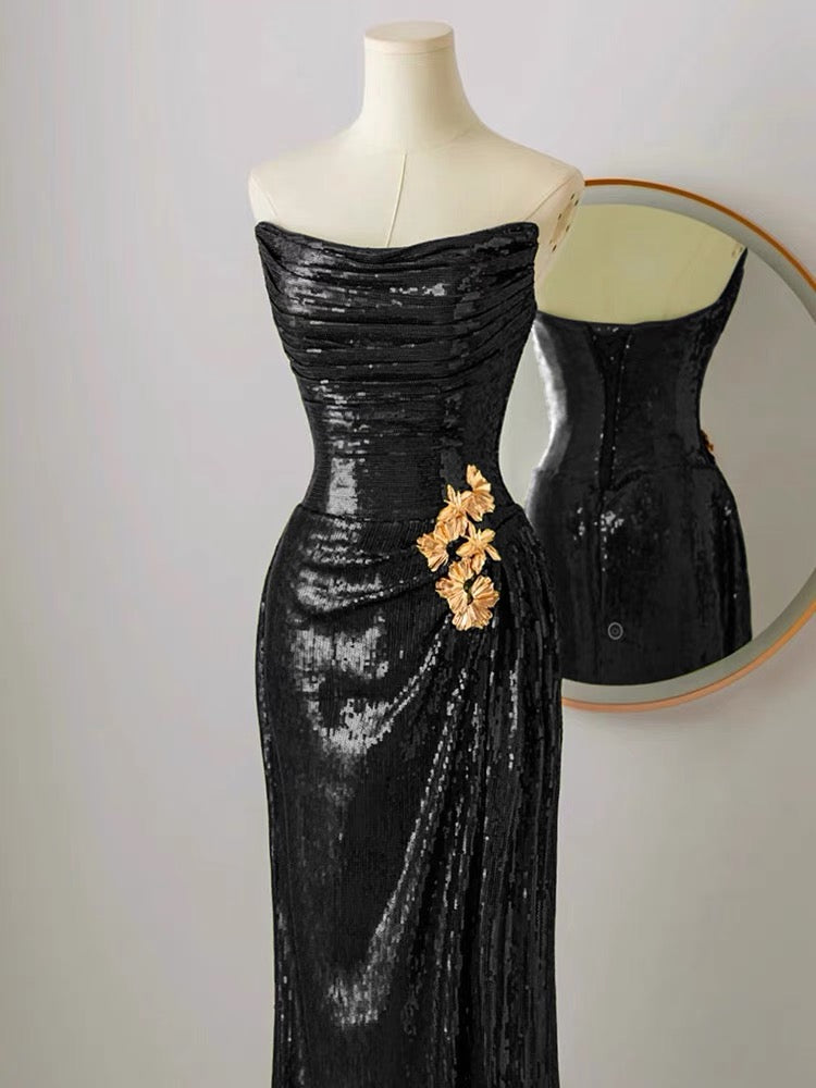 Robe de bal longue bustier noire à paillettes, robe de soirée formelle brillante J3665