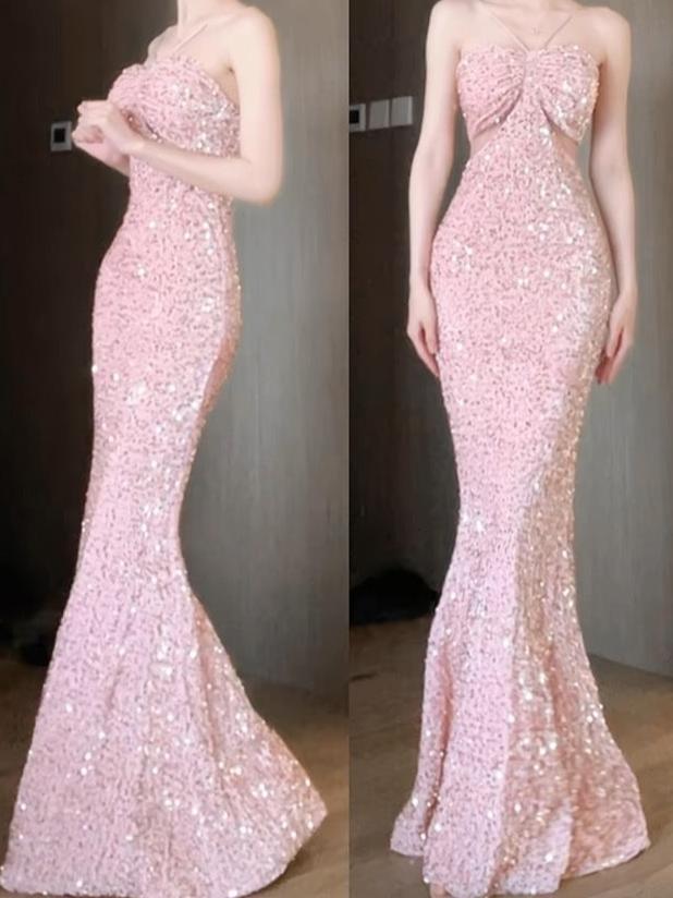 Robe de soirée fourreau longue rose à sequins et dos nu J3678