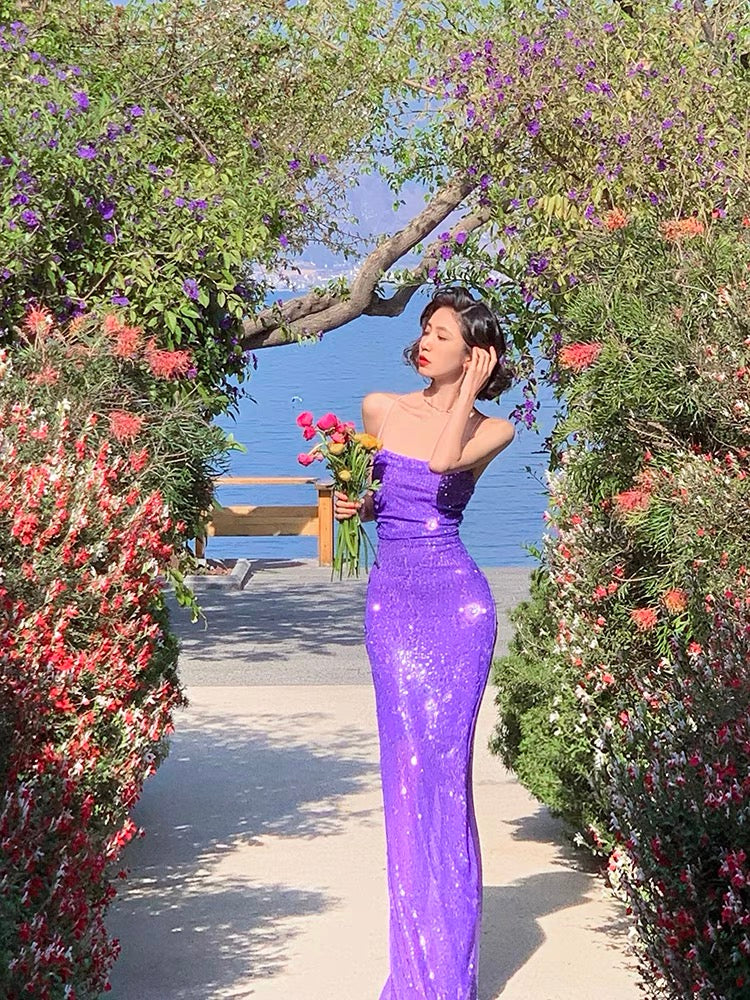 Robe de bal longue à paillettes violettes, fourreau, robe de soirée scintillante, J3679