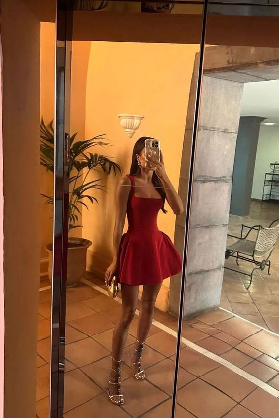 A-Linie, rotes, kurzes Heimkehrkleid, kurzes Geburtstagskleid J3703