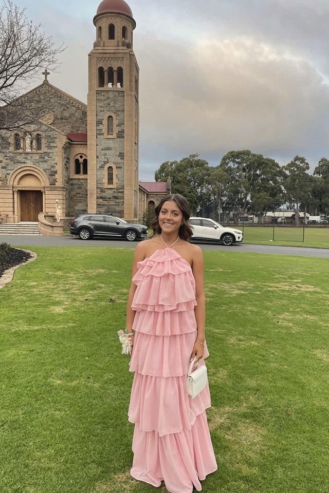 Halter Pink Layer Long Prom Dress Chiffon Birthday Dress J3710