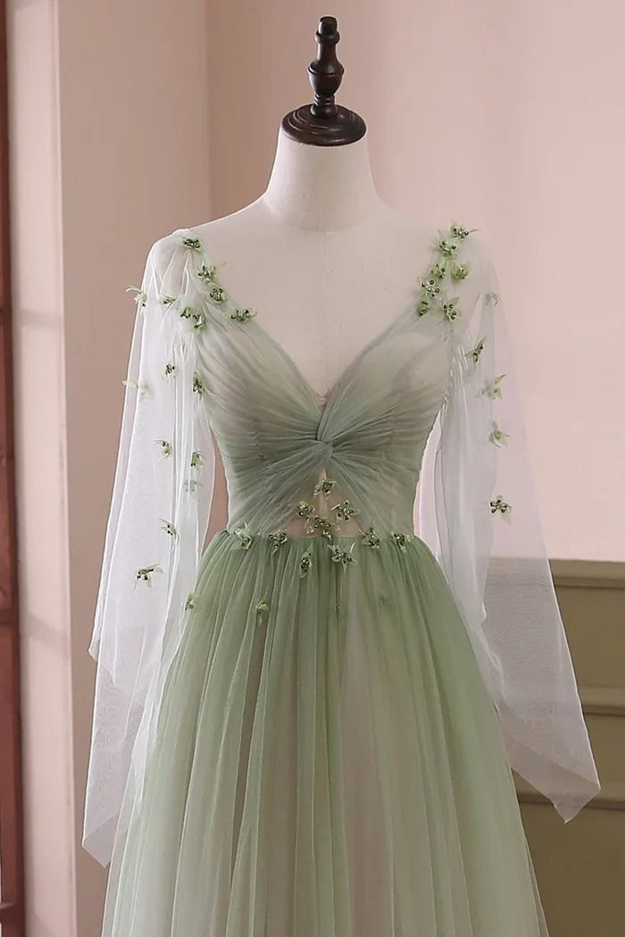 V-Ausschnitt A-Linie Grün Langes Ballkleid Tüll Formelle Partykleid J3712