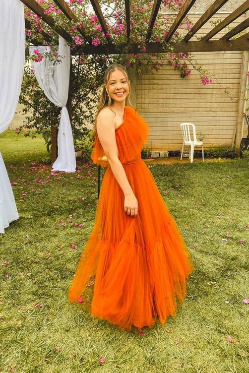 Robe de bal longue orange asymétrique en tulle, tenue de soirée formelle J3713