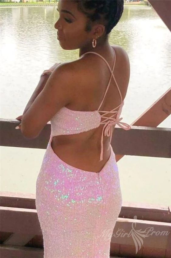 Halter Pink Sequin Mermaid Long Prom Dresses Sparkly Formal Dress J3718