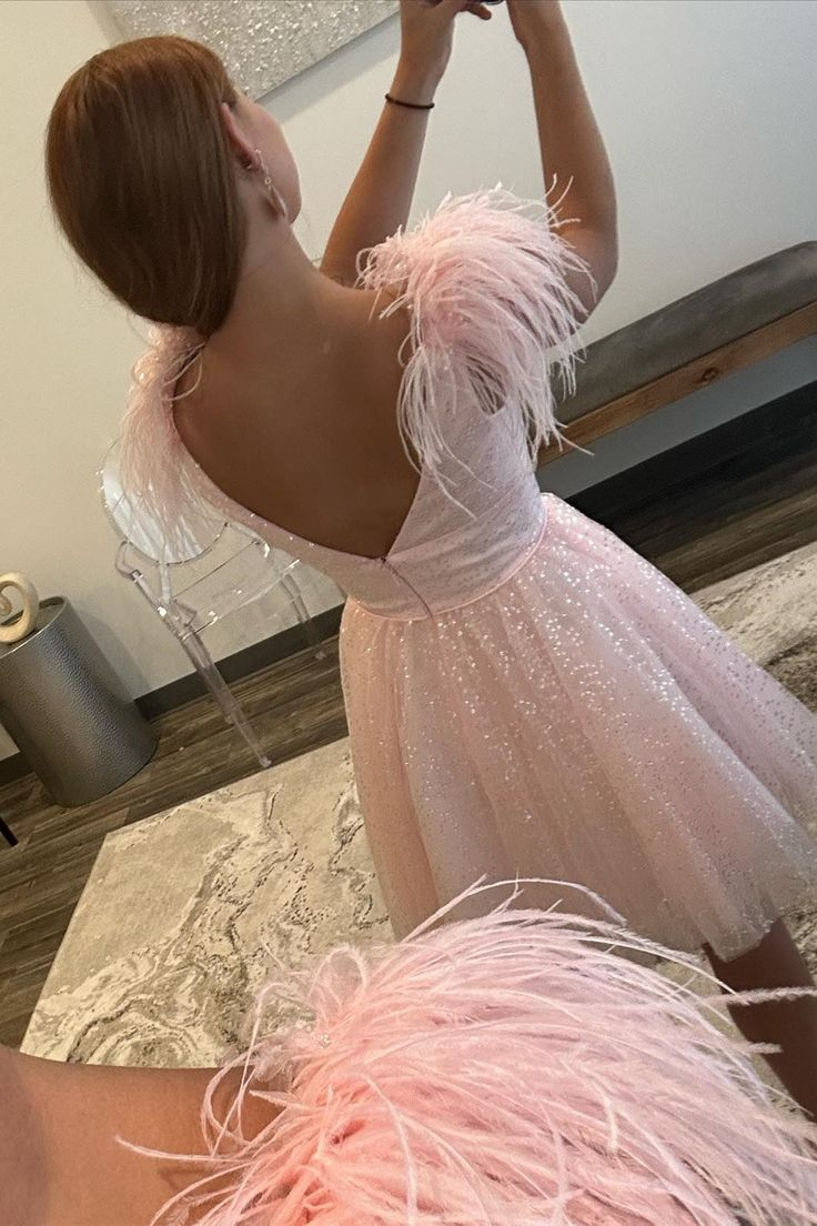 Pink A line Tulle Deep V Neck Homecoming Dress with Feathers J3738