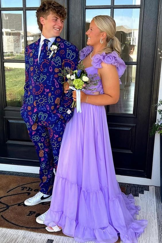 Robe de bal trapèze à volants en mousseline violet clair J3748