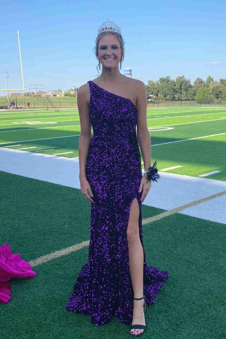 Robe de bal longue à une épaule et paillettes avec fente J3753