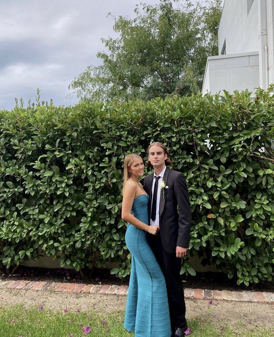 Robe de bal longue bleue sirène sans bretelles, longueur au sol, J3754