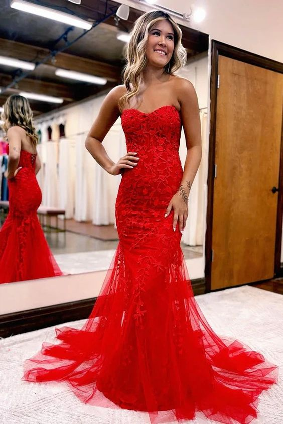 Rotes trägerloses langes Ballkleid aus Spitze im Meerjungfrau-Stil, Abendkleid, Partykleid J3762