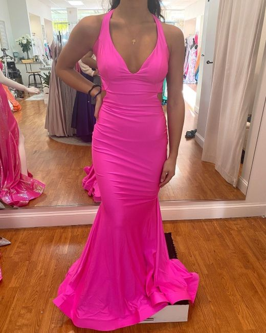 Robe de bal sirène rose à col en V profond et dos nu, longueur au sol, J3766