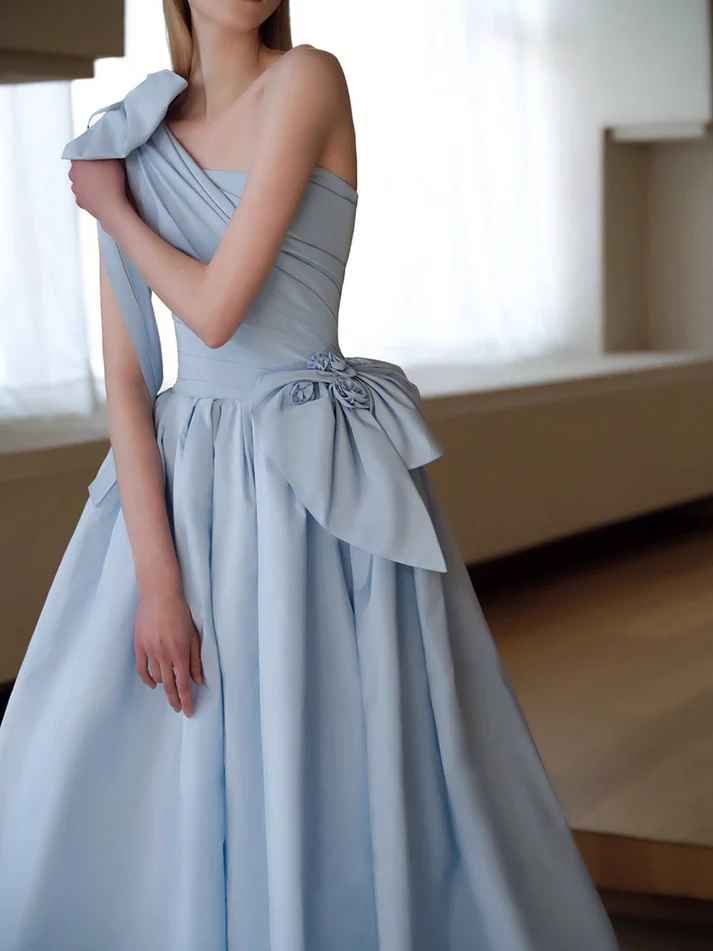 A line Sky Blue Party Dresses Long One Shoulder Prom Dresses J3826