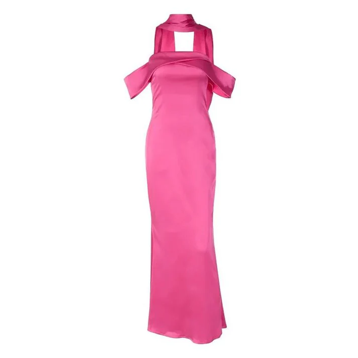 Robe de bal longue fourreau en satin de soie rose vif J3836