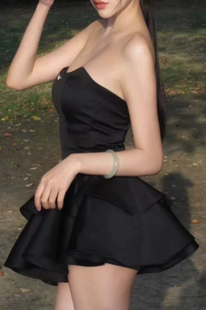 Strapless Black Satin Short Prom Dresses Layered Homecoming Dresses J3853