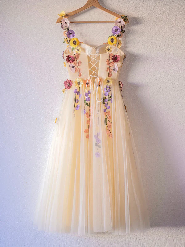 Robe de soirée en tulle à fleurs champagne, jolie robe trapèze de retour à la maison J3880