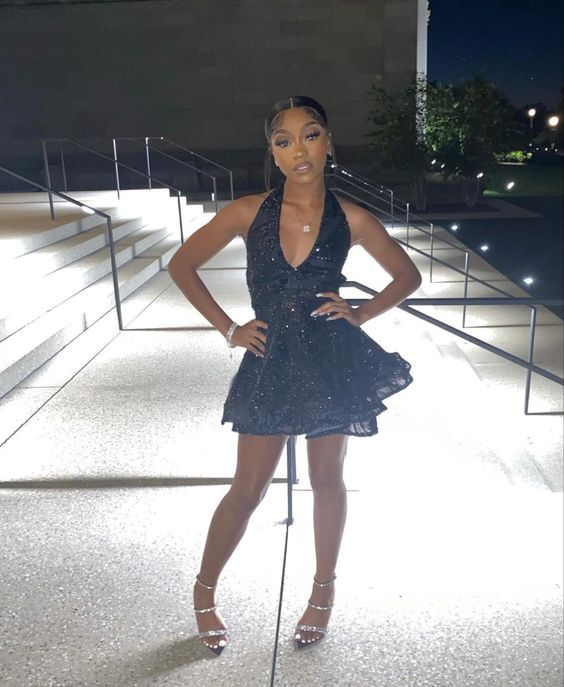 Sheath Halter Short Black Homecoming Dresses J3894