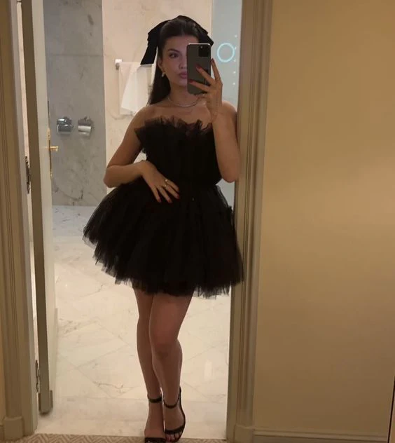 A Line Black Strapless Tulle Layered Homecoming Dress J3900